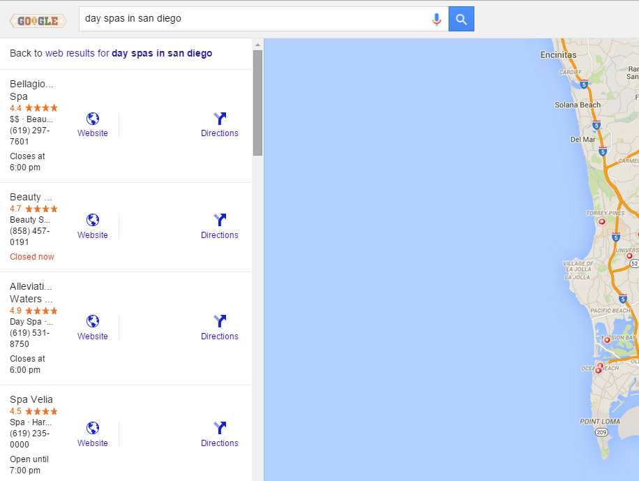 day spas san diego extended google local pack