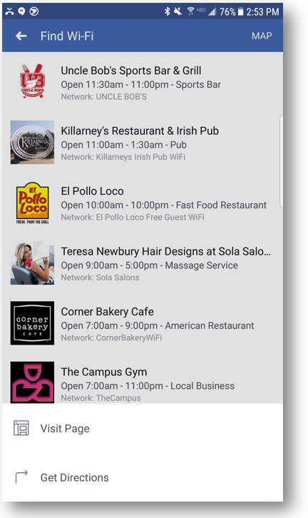 Facebook lists nearby businesses with free wifi access