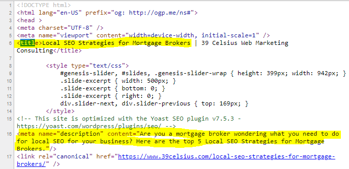 source code showing title tag description