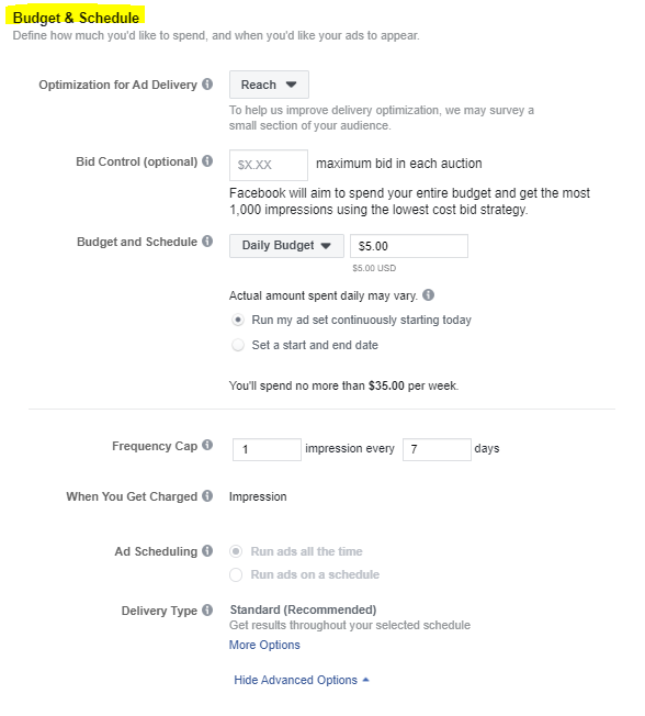 Facebook Ad Budget and Schedule Options