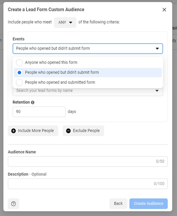create a custom audience from lead ad forms options
