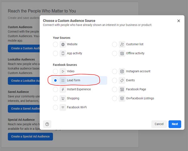 create a custom audience from lead ad forms
