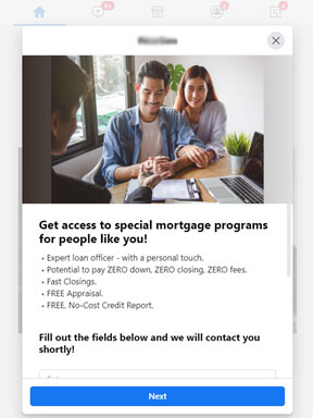 facebook lead ad with form -mortgage, millennials