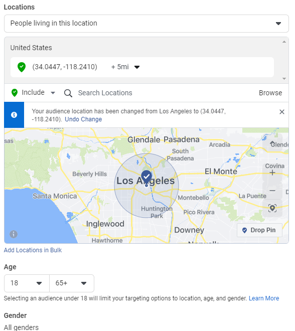 Facebook Ad Targeting 5 miles Los Angeles