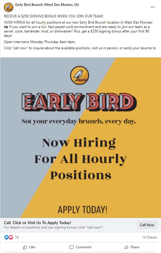 Facebook Ad restaurant jobs now hiring