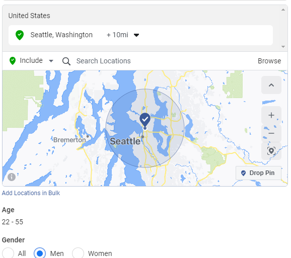 Facebook ad targeting Seattle 22 - 55 years old men