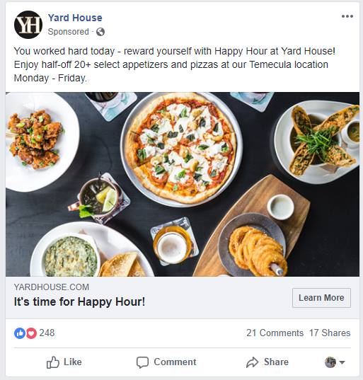 restaurant Facebook ad example single image ad