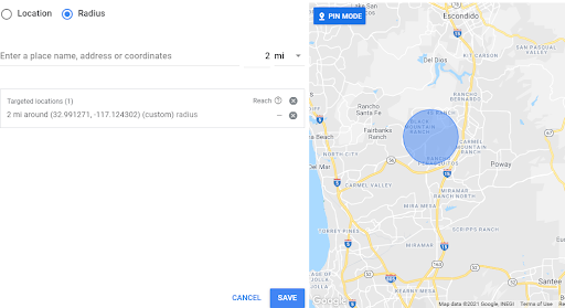 google ads using pin drop to geotarget specific radius