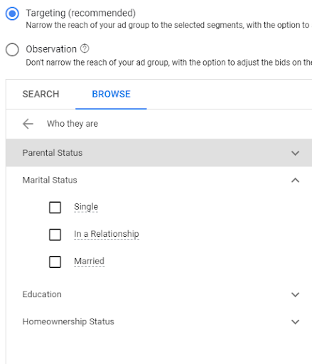 segment and target based on relationship status Google Ads