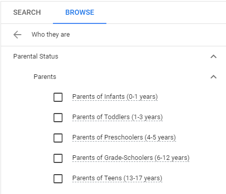 segment on age of kids in household Google Ads