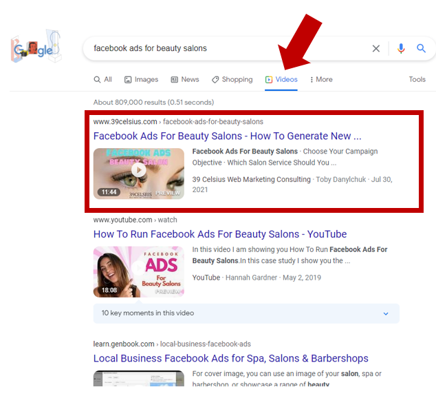Page With Embedded YouTube Video Ranking Number One In Google Video Tab