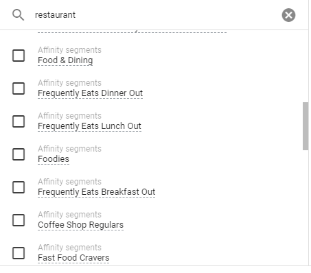 google ads affinity audiences for restaurants