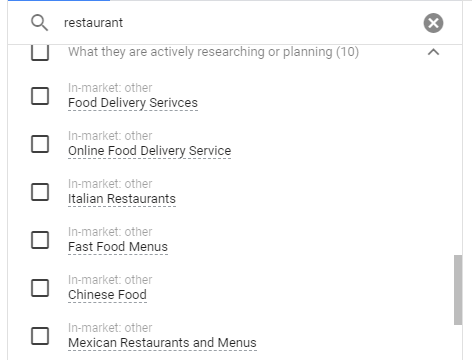 google ads in-market audiences for restaurants