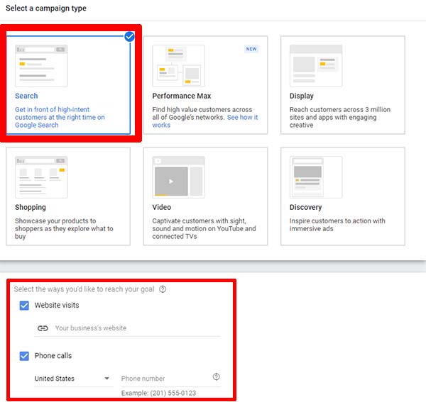 Google Ads campaign type options - Search i