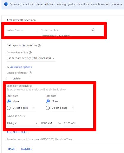 setting call extensions in Google Ads search campaign