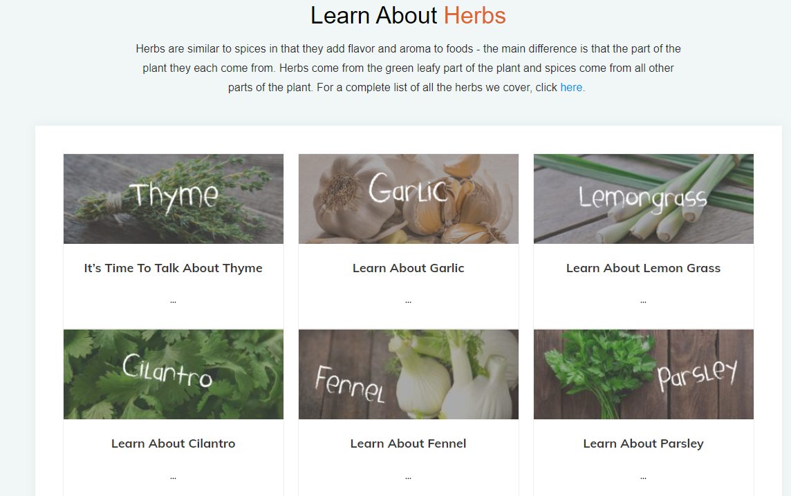 cooking blog posts organized by type of ingredient - silos of content