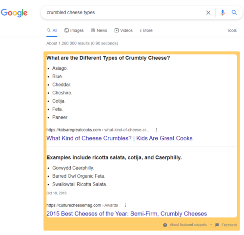 featured snippet example in Google Search Results