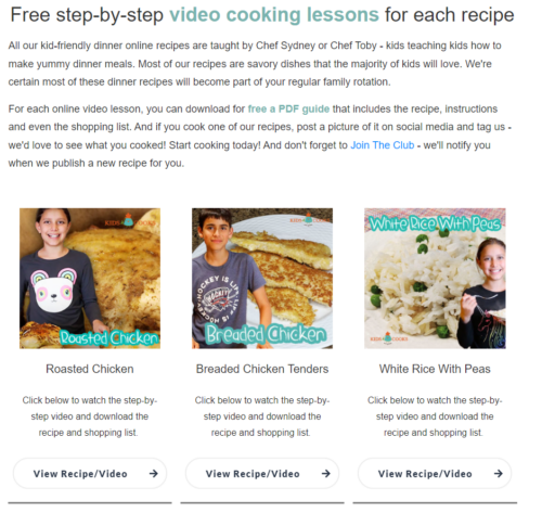 video cooking lessons for kids organized by meal type