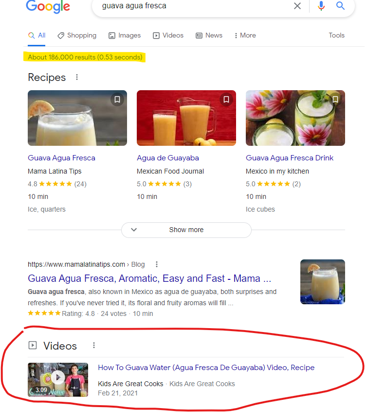 video result in normal Google Search Results