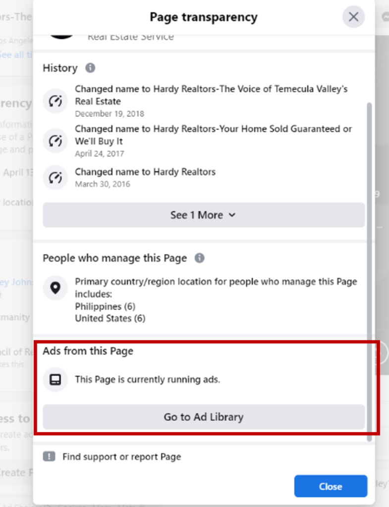 Facebook page transparency - Ad Library Real Estate