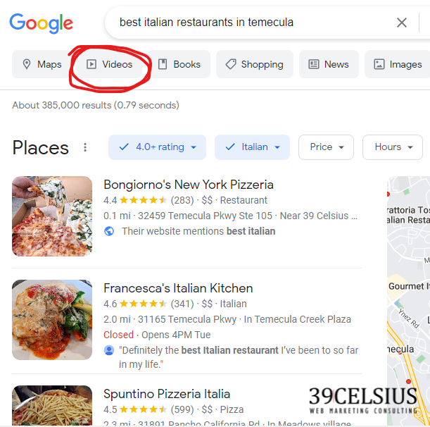 Google Search Video Tab - Best Italian Restaurant i