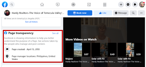 Facebook business page transparency section