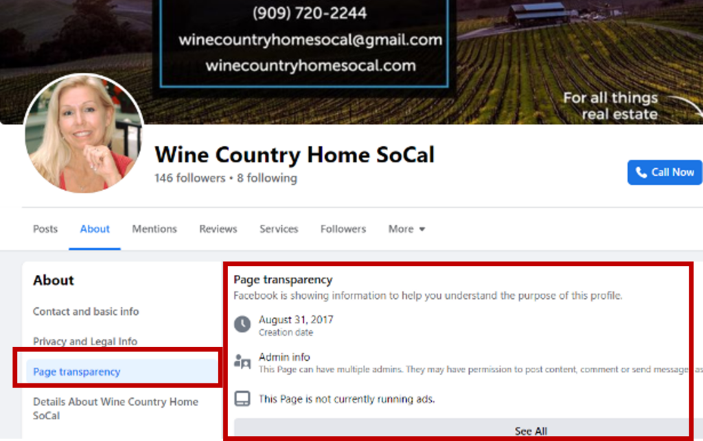 Facebook business page transparency under About