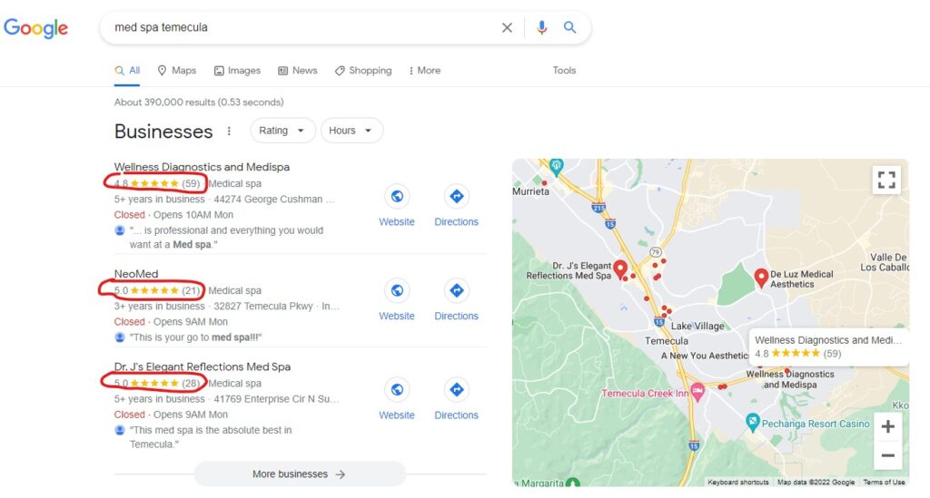 Google Reviews Showing in Local Search Results for Med Spa Temecula