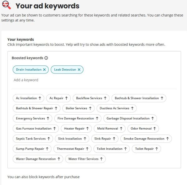 Yelp Ads - Keyword Selections