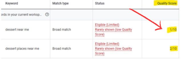 Example Low Quality Score Keywords