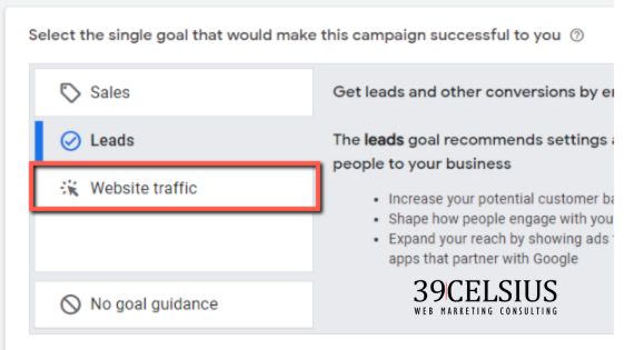 Google Ads Campaign Objective for Search Ad - Website Traffic
