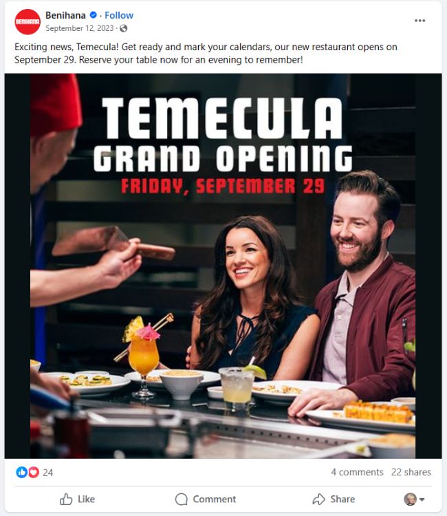 Benihana Facebook Post New Opening