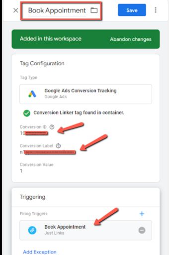 Configuring Book Appointment Conversion Action