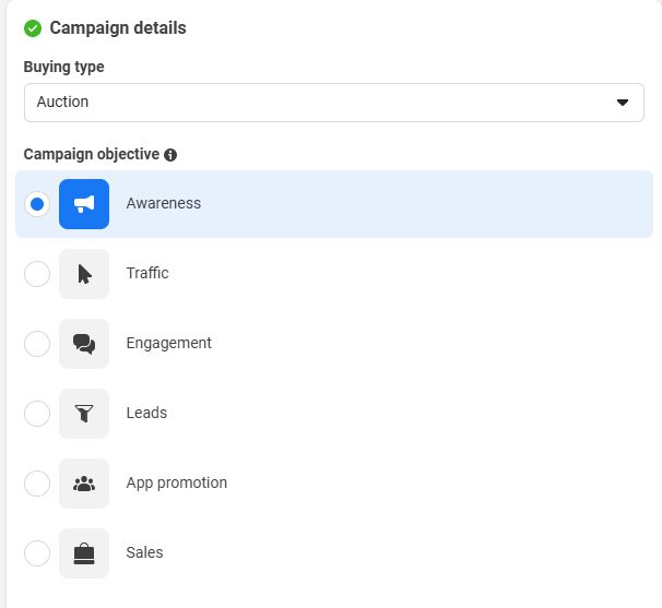 Facebook Ads Campaign Goal Options - Awareness