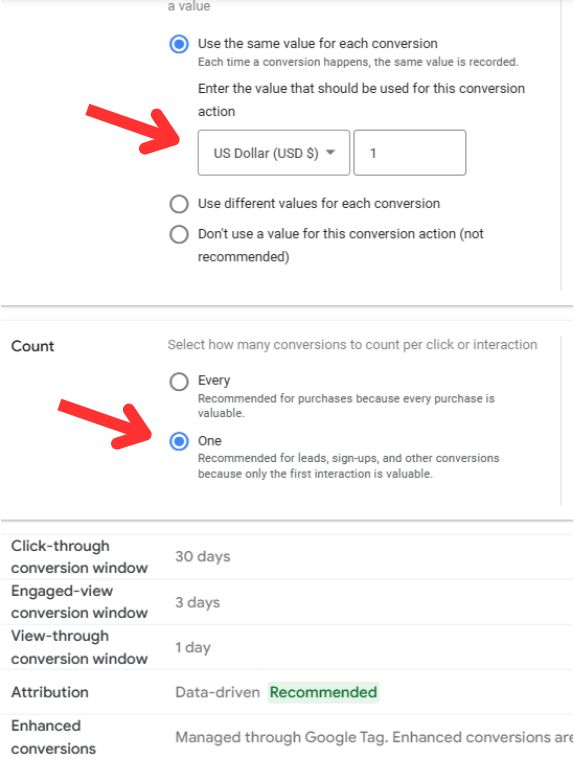 Google Ads New Conversion Action - Conversion Value and Count