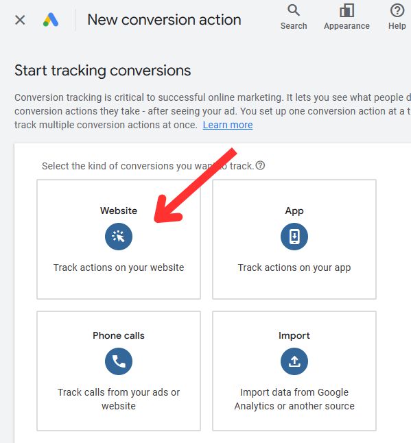 Google Ads New Conversion Action - Website