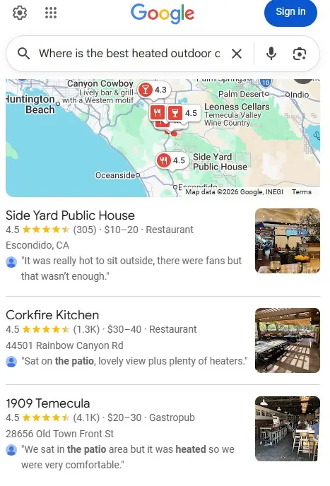 Restaurant Local Map Pack in Google Search Results
